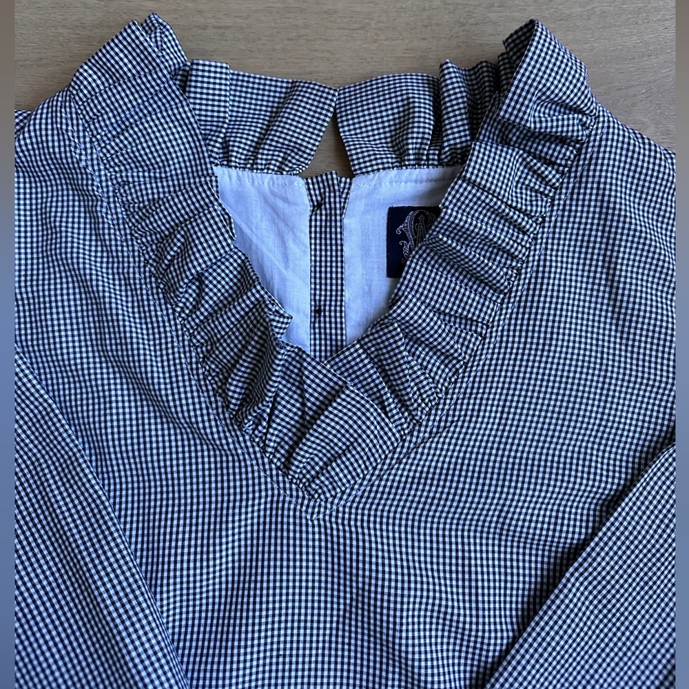 NWOT Elizabeth Wilson Gingham Ruffle V-Neck Top, SIZE MEDIUM